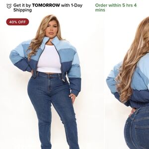 Fashion Nova Blue and White Puffer Jacket
